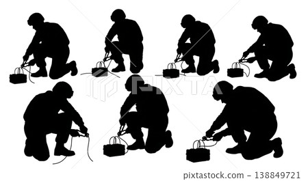Black Solid Explosive Device Wire Snipping Technicians Silhouettes Set of Six on White Background Black Solid Explosive Device Wire Snipping Technicians Silhouettes Set of Six on White Background 138849721