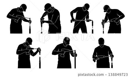 Black Solid Extracting Broken Stripped Bolt Mechanic Silhouettes Set of Six on White Background Black Solid Extracting Broken Stripped Bolt Mechanic Silhouettes Set of Six on White Background 138849723