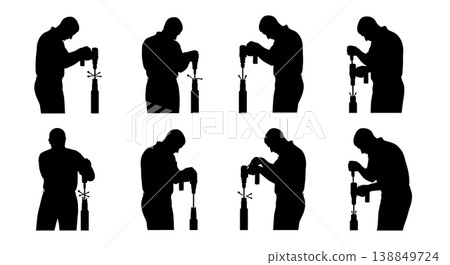 Black Solid Extracting Broken Stripped Bolt Mechanic Silhouettes Set of Six on White Background Black Solid Extracting Broken Stripped Bolt Mechanic Silhouettes Set of Six on White Background 138849724