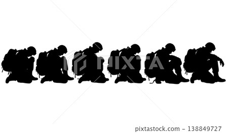 Black Solid Exhausted Medic Mission Rest Silhouettes Set Of Six On White Background Black Solid Exhausted Medic Mission Rest Silhouettes Set Of Six On White Background 138849727