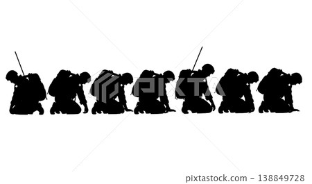 Black Solid Exhausted Medic Mission Rest Silhouettes Set Of Six On White Background Black Solid Exhausted Medic Mission Rest Silhouettes Set Of Six On White Background 138849728