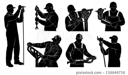 Black Solid Exhaust Manifold Repair Mechanic Silhouettes Set of Six on White Background Black Solid Exhaust Manifold Repair Mechanic Silhouettes Set of Six on White Background 138849738