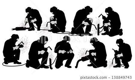Black Solid Exhaust Pipe Welding Repair Silhouettes Set of Six on White Background Black Solid Exhaust Pipe Welding Repair Silhouettes Set of Six on White Background 138849743