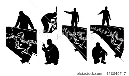 Black Solid Examining Wing Flap Hydraulic Engineer Silhouettes Set of Six on White Background 138849747