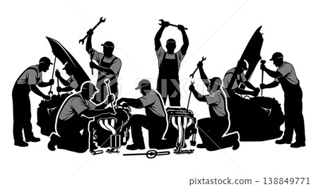 Black Solid Exhaust Manifold Repair Mechanic Silhouettes Set of Six on White Background Black Solid Exhaust Manifold Repair Mechanic Silhouettes Set of Six on White Background 138849771