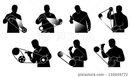 Black Solid Examining Serpentine Belt Technician Silhouettes Set of Six on White Background 138849772