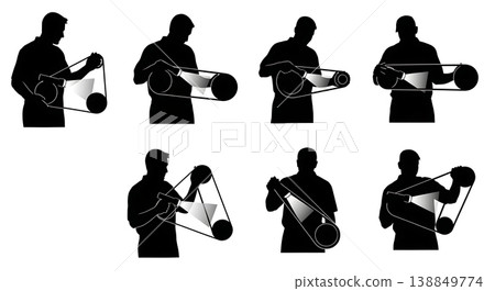 Black Solid Examining Serpentine Belt Technician Silhouettes Set of Six on White Background 138849774