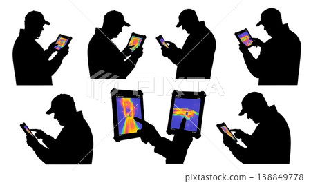 Black Solid Examining Thermal Camera Tablet Engineer Silhouettes Set of Six on White Background 138849778