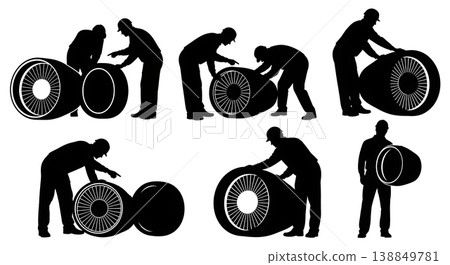 Black Solid Examining Carbon Composite Fan Cowl Engineer Silhouettes Set of Six on White Background 138849781