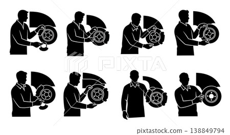 Black Solid Examining Brake Rotor Pad Technician Silhouettes Set of Six on White Background Black Solid Examining Brake Rotor Pad Technician Silhouettes Set of Six on White Background 138849794