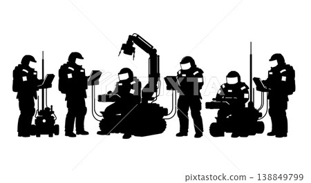 Black Solid EOD Bomb Disposal Robot Operators Silhouettes Set of Six on White Background Black Solid EOD Bomb Disposal Robot Operators Silhouettes Set of Six on White Background 138849799