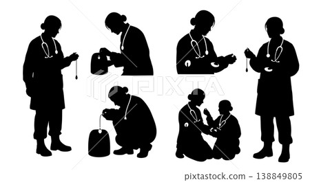 Black Solid Female Military Doctor Wound Silhouettes Set Of Six On White Background Black Solid Female Military Doctor Wound Silhouettes Set Of Six On White Background 138849805