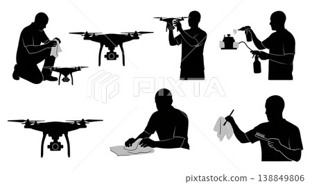 Black Solid Engineer Soldering Heavy Lifter Drone Silhouettes Set of Six on White Background Black Solid Engineer Soldering Heavy Lifter Drone Silhouettes Set of Six on White Background 138849806