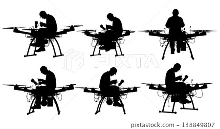 Black Solid Engineer Soldering Heavy Lifter Drone Silhouettes Set of Six on White Background Black Solid Engineer Soldering Heavy Lifter Drone Silhouettes Set of Six on White Background 138849807