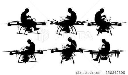 Black Solid Engineer Soldering Heavy Lifter Drone Silhouettes Set of Six on White Background 138849808