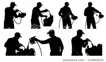Black Solid Engine Throttle Body Cleaning Silhouettes Set of Six on White Background Black Solid Engine Throttle Body Cleaning Silhouettes Set of Six on White Background 138849810