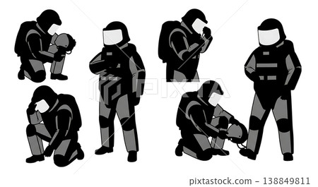 Black Solid EOD Bomb Suit Maintenance Technicians Silhouettes Set of Six on White Background 138849811