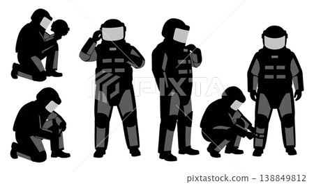 Black Solid EOD Bomb Suit Maintenance Technicians Silhouettes Set of Six on White Background Black Solid EOD Bomb Suit Maintenance Technicians Silhouettes Set of Six on White Background 138849812