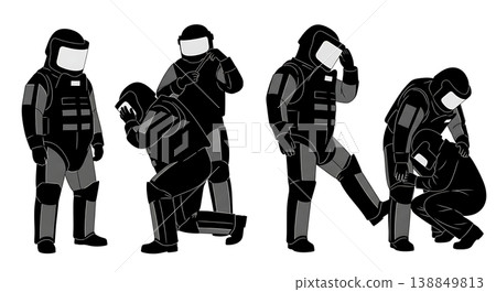 Black Solid EOD Bomb Suit Maintenance Technicians Silhouettes Set of Six on White Background Black Solid EOD Bomb Suit Maintenance Technicians Silhouettes Set of Six on White Background 138849813