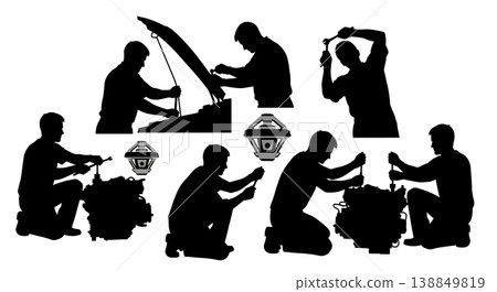 Black Solid Engine Thermostat Installation Silhouettes Set of Six on White Background 138849819