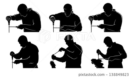 Black Solid Engine Idle Speed Adjustment Silhouettes Set of Six on White Background Black Solid Engine Idle Speed Adjustment Silhouettes Set of Six on White Background 138849823