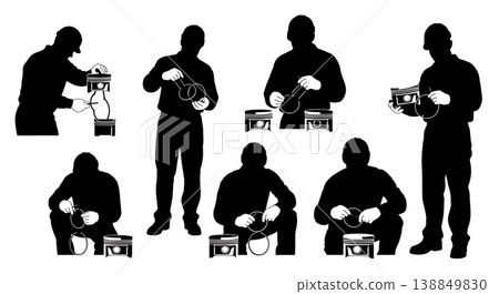 Black Solid Engine Piston Ring Replacement Silhouettes Set of Six on White Background Black Solid Engine Piston Ring Replacement Silhouettes Set of Six on White Background 138849830