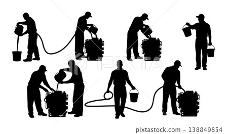 Black Solid Engine Coolant Flush Service Silhouettes Set of Six on White Background Black Solid Engine Coolant Flush Service Silhouettes Set of Six on White Background 138849854