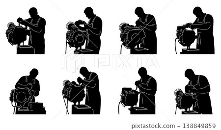 Black Solid Engine Block Machining Operator Silhouettes Set of Six on White Background Black Solid Engine Block Machining Operator Silhouettes Set of Six on White Background 138849859