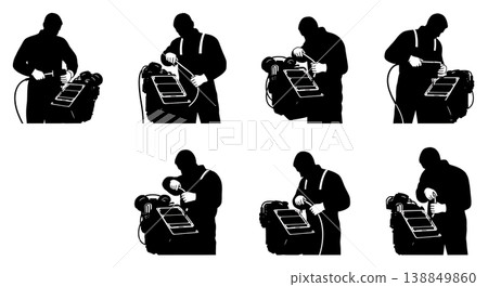 Black Solid Engine Block Machining Operator Silhouettes Set of Six on White Background 138849860