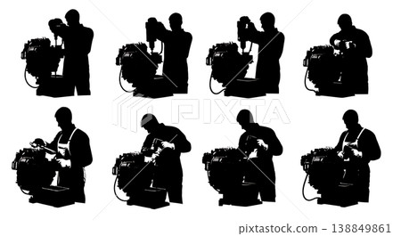 Black Solid Engine Block Machining Operator Silhouettes Set of Six on White Background 138849861