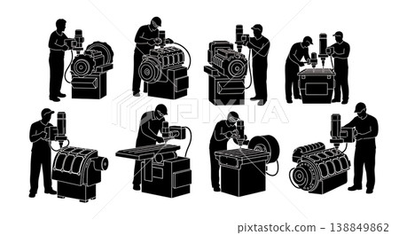 Black Solid Engine Block Machining Operator Silhouettes Set of Six on White Background Black Solid Engine Block Machining Operator Silhouettes Set of Six on White Background 138849862