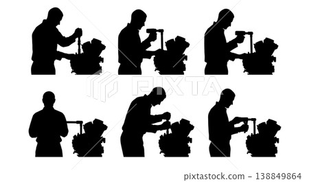 Black Solid Motorcycle Engine Bolt Torqueing Silhouettes Black Solid Motorcycle Engine Bolt Torqueing Silhouettes 138849864