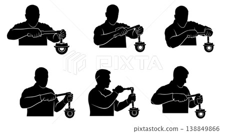 Black Solid Motorcycle Engine Bolt Torqueing Silhouettes 138849866