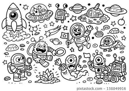 Astronaut alien rocket spaceship planet space cartoon black and white Astronaut, alien, rocket Astronaut alien rocket spaceship planet space cartoon black and white Astronaut, alien, rocket 138849916
