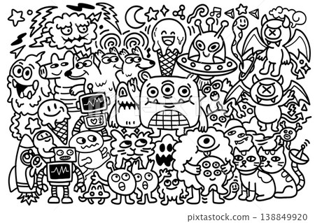 Monster doodle cartoon black white illustration cute funny happy group fantasy alien robot bat Monster doodle cartoon black white illustration cute funny happy group fantasy alien robot bat 138849920