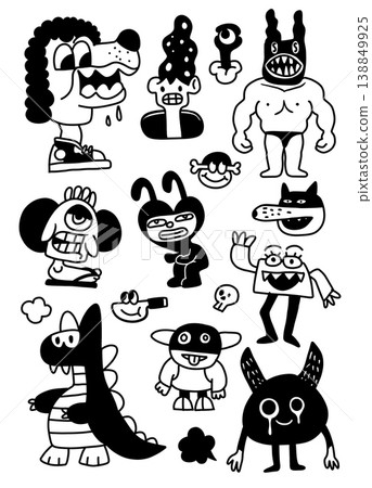 Cartoon monster black and white doodle funny quirky character illustration playful creative Cartoon monster black and white doodle funny quirky character illustration playful creative 138849925