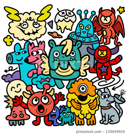 Cartoon monster alien animal fantasy colorful cute happy doodle group illustration Cartoon monster alien animal fantasy colorful cute happy doodle group illustration 138849926