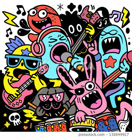 Cartoon band colorful monster music guitar drum singing energetic fun illustration Cartoon band colorful monster music guitar drum singing energetic fun illustration 138849927