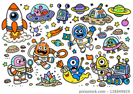 Cartoon astronaut, alien, rocket, spaceship, planet, and robot in colorful outer space adventure Cartoon astronaut, alien, rocket, spaceship, planet, and robot in colorful outer space adventure 138849929