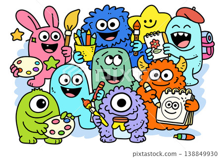 Colorful cartoon monster group holding art supplies, smiling, creative, playful, happy Colorful cartoon monster group holding art supplies, smiling, creative, playful, happy 138849930
