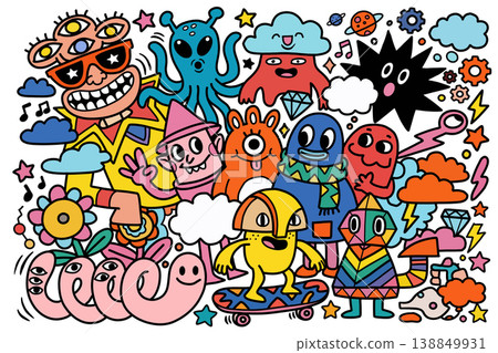 Colorful cartoon monster doodle, happy creatures, playful mood, fantasy, whimsical style 138849931
