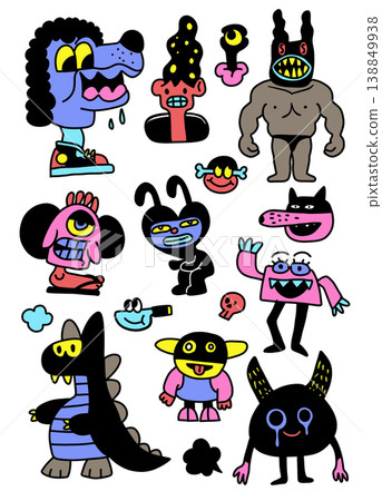 Colorful cartoon monster character collection, playful doodle style, various emotions 138849938