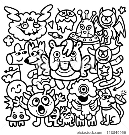 Cute monster doodle, cartoon alien, winged creature, cyclops, happy animal, playful fantasy art 138849966