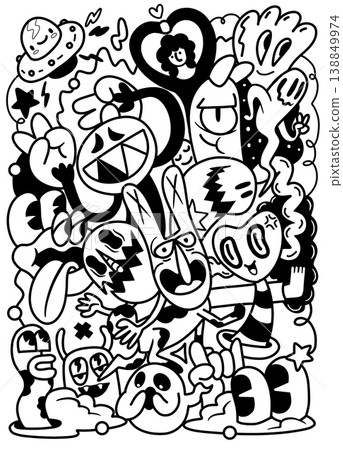 Cartoon doodle monster black white abstract character comic playful fun expressive fantasy 138849974