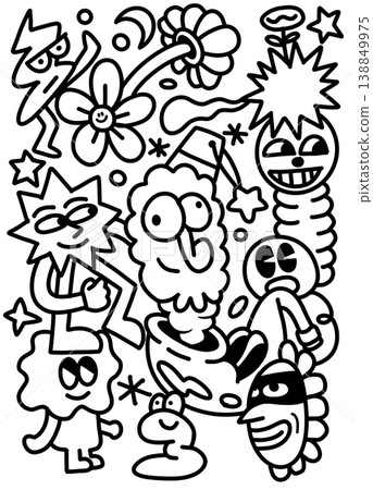 Cartoon monster flower star moon doodle black and white abstract playful happy Cartoon monster flower star moon doodle black and white abstract playful happy 138849975