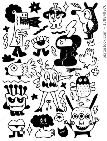 Cartoon monster doodle black and white abstract quirky playful expressive fantasy Cartoon monster doodle black and white abstract quirky playful expressive fantasy 138849976