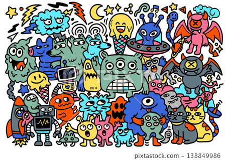 Colorful cartoon monster doodle, happy and playful creatures, fantasy animals, cute aliens Colorful cartoon monster doodle, happy and playful creatures, fantasy animals, cute aliens 138849986