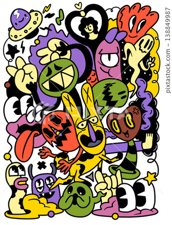 Colorful cartoon doodle, abstract monster characters, playful, expressive, vibrant, fun Colorful cartoon doodle, abstract monster characters, playful, expressive, vibrant, fun 138849987