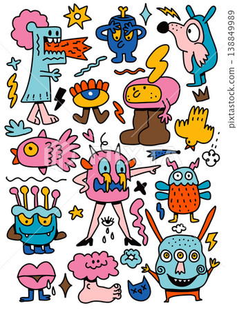 Colorful monster cartoon doodle fantasy surreal playful expressive abstract art Colorful monster cartoon doodle fantasy surreal playful expressive abstract art 138849989