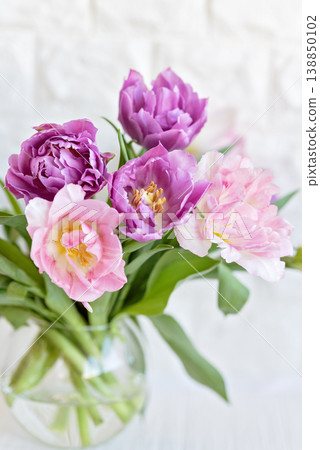 romantic spring floral arrangement soft pink and purple tulip bouquet. Greeting card with flowers romantic spring floral arrangement soft pink and purple tulip bouquet. Greeting card with flowers 138850102